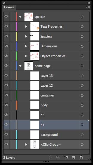 Spec Layers Specctrs layers are organized into groups: Text Properties, Spacing, Dimensions, and Object Properties. This makes it easy to hide and delete the spec layers quickly.