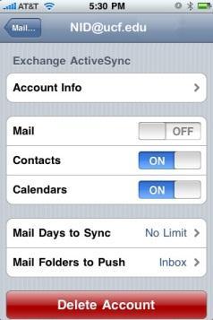 Mail, Contacts or Calendar to OFF Tap the