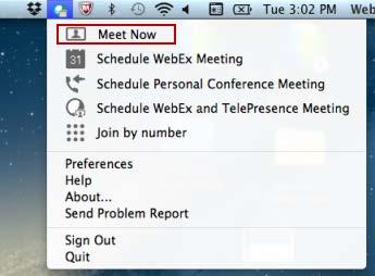 Chapter 2: Meet Now with WebEx Start an instant meeting from the toolbar You can also start an instant meeting from the Mac toolbar 1 Select the WebEx ball icon on the Mac toolbar.