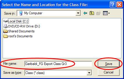 7.) Choose the location in the system dialog box and click the Save button to save your class and student data as a [.class] file on your local hard drive. 8.