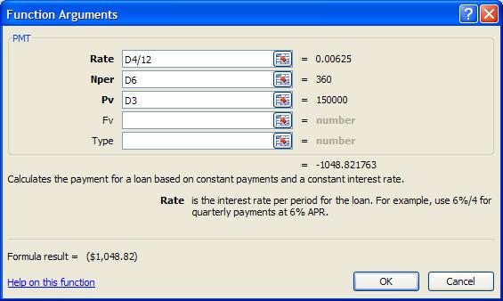 4. Either enter the appropriate cell reference or click in the appropriate cell for each required component. Notice that we divided the rate by 12, since there will be 12 payments each year.