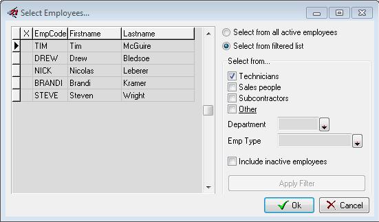 On the right side of the SELECT EMPLOYEES window, choose SELECT FROM FILTERED LIST 9.