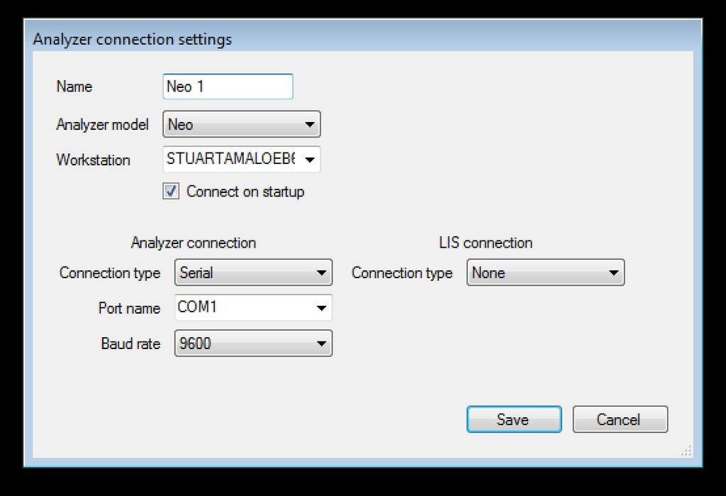 1. Click the Add button to add a new analyzer connection. 2. Type a name for your analyzer into the Name field. This can be any name you like to identify the analyzer. 3. Choose the model of analyzer.