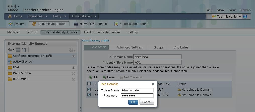Step 1: Mouse over Administration, and then, from the Identity Management section of the menu, choose External Identity Sources. Step 2: In the left panel, click Active Directory.