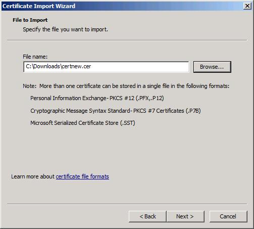 Step 10: Click Browse, locate the trusted root certificate saved in Step 4, and then click Next. Step 9: Click Next.
