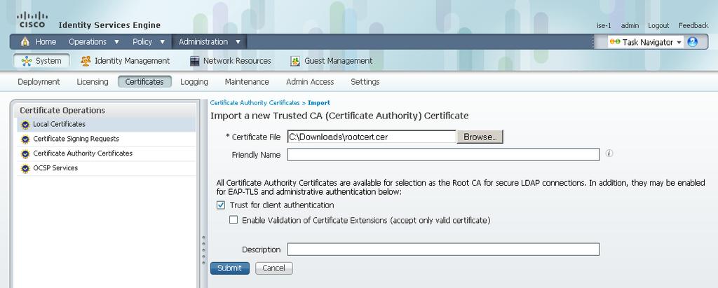 Step 2: Click Certificate Authority Certificates, and then click Import.