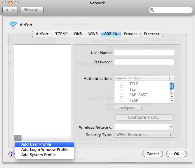 Procedure 3 Configure Mac OS X supplicant Step 8: For wireless connections, choose the wireless network from the list, and then choose WPA2 Enterprise for the Security Type.