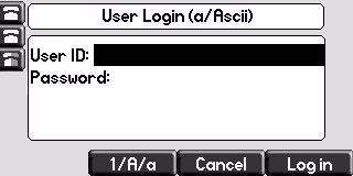 Using the Basic Features of Your Phone The User Login screen displays, as shown next. 2 Enter your user ID and user password, then press the Log in soft key.