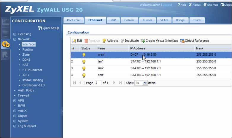 ZyWALL Initial Setup 8 On the Configuration Tab, select Configuration > Network > Interface, then the Ethernet tab.