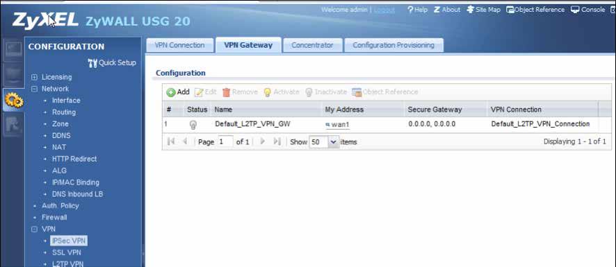 VPN Server Setup This section follows the steps described in Section 4.6.1 L2TP VPN Example of the Zywall USG Series Unified Security Gateway User s Guide.