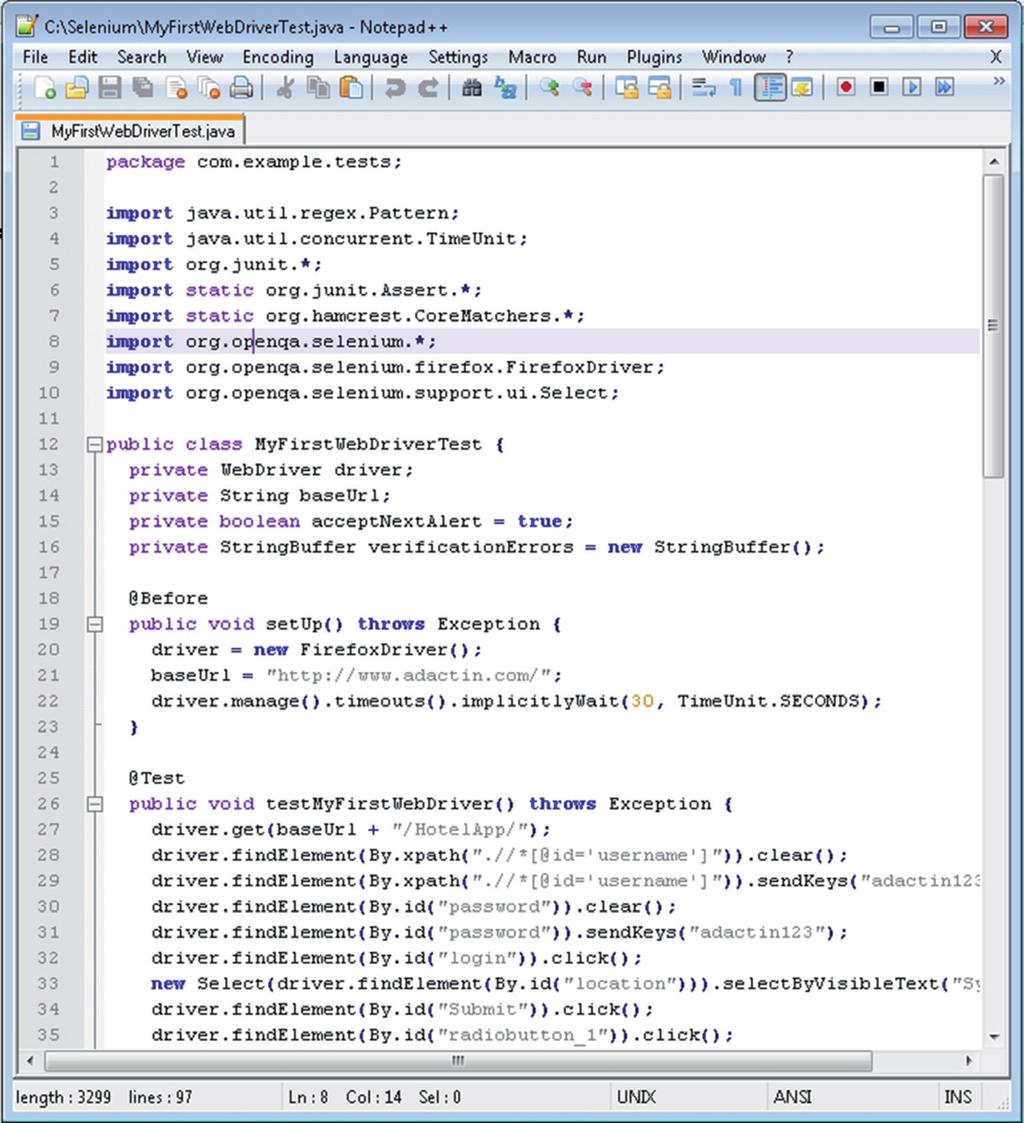 Test Automation Using Selenium WebDriver with Java Figure 9.3 - Java code for WebDriver test Next step will be to review this code and use it in Eclipse. 1. Let us review the exported Java code.