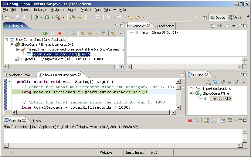 Figure 16 To start debug, Eclipse needs to switch to the Debug perspective. Figure 17 The debugger starts to run ShowCurrentTime.java. 7.