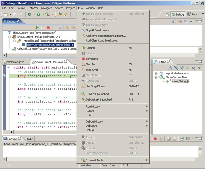 variables in the program. When Eclipse is in the debugging mode, the toolbar buttons for debugging are displayed in the Debug window, as shown in Figure 17.