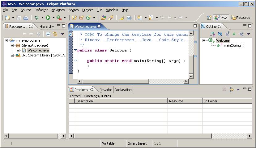 Figure 9 The New Java Class wizard generates the template of Java source code. Type System.out.println( Welcome to Java ); in the main method.
