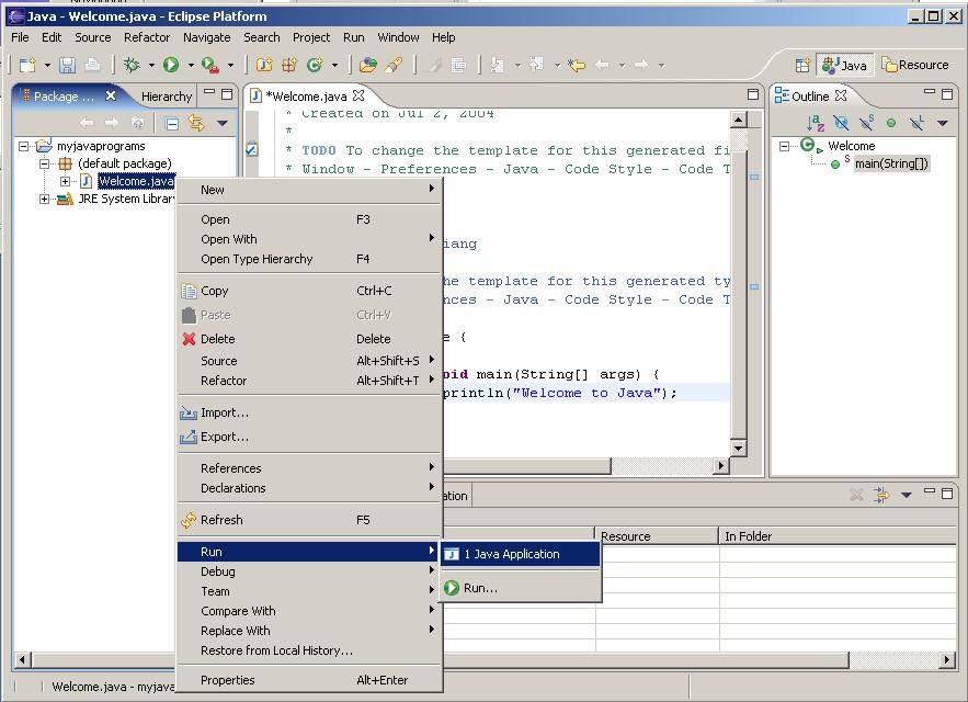 Figure 12 You can run the program from Eclipse. Figure 13 The console pane displays the output to the console.