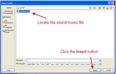 Navigate to the folder on your hard drive containing the audio file you want to use. Double-click on the audio file to add it to the presentation.