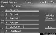 2. RADIO OPERATION PRESET BUTTON SCREEN Two preset button screens are available: the Mixed Presets screen and Individual Presets screen.