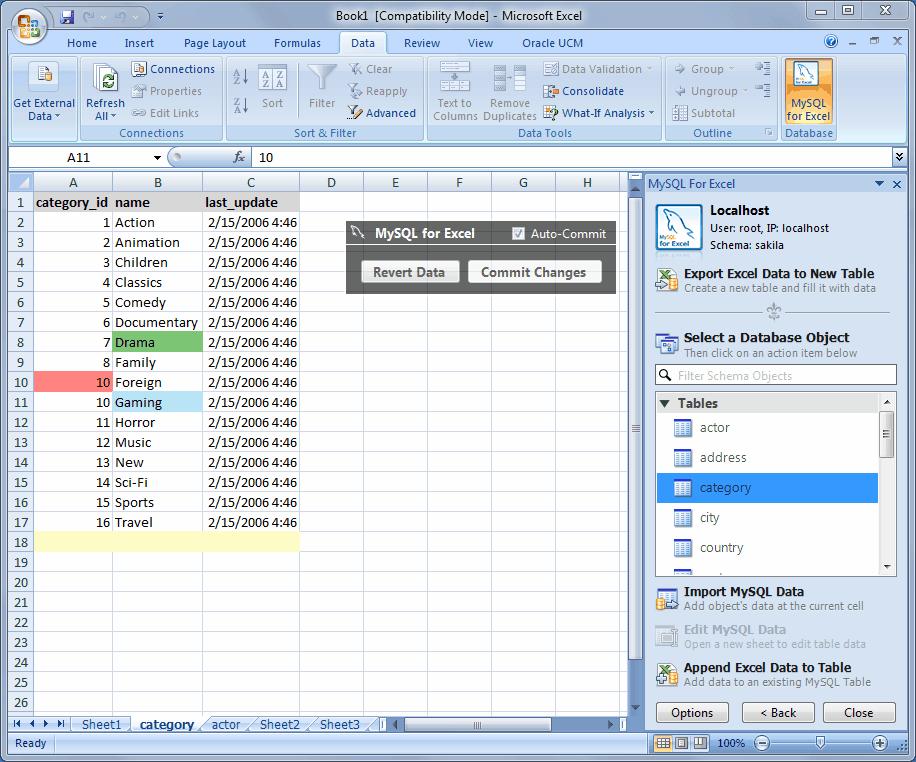 Figure 4.1 Editing table data with MySQL for Excel In the previous example: The green Drama cell was changed and then committed. The blue Gaming cell was changed but not committed.