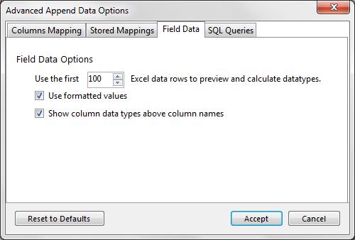 Field Data Tab The Stored Mappings tab shows a list of saved column mappings that were saved with the Automatically store the column mapping for the given table option (in the Column Mapping tab) or