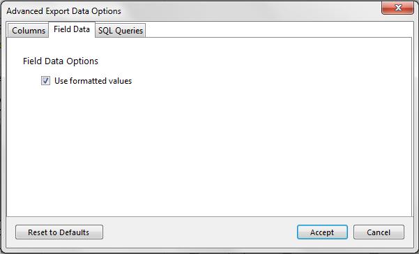Field Data Tab Field Data Tab The following options apply to export-data operations. Figure 7.