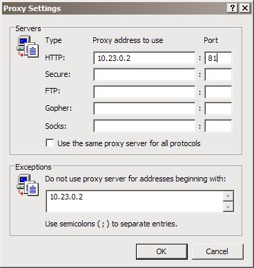 Figure 6-10 In the row labeled HTTP, enter your CyberGuard SG appliance s LAN IP address in the Proxy address to use column, and 81 in the Port column. Leave the other rows blank.