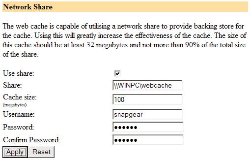 Set the CyberGuard SG appliance to use the network share Check Use share.