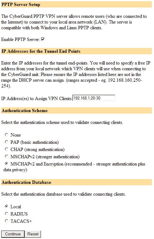 Enable and configure the PPTP VPN server The following figure shows the PPTP server setup: Figure 9-3 To enable and configure your CyberGuard SG
