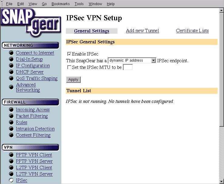 Figure 9-13 Check the Enable IPSec checkbox. Select the type of IPSec endpoint the CyberGuard SG appliance has on its Internet port.