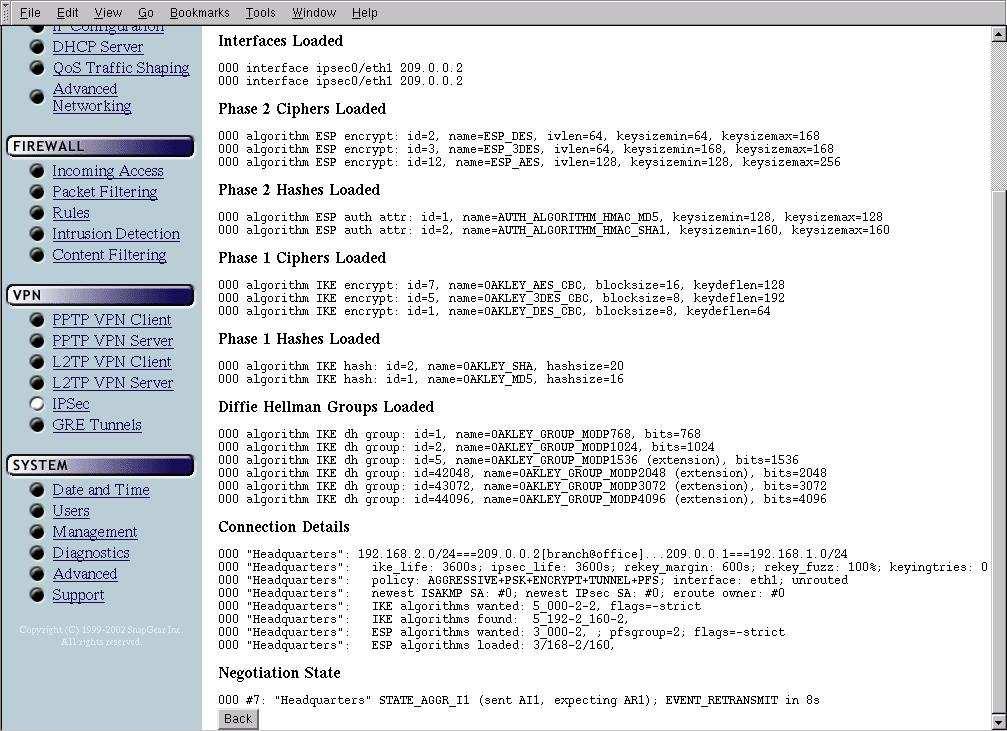 Figure 9-21 Interfaces Loaded lists the CyberGuard SG appliance's interfaces which IPSec will use.