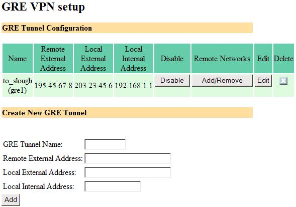 On the Brisbane end, click GRE Tunnels from the VPN menu. Enter the following details: GRE Tunnel Name: to_slough Remote External Address: 195.45.67.8 Local External Address: 203.23.45.6 Local Internal Address: 192.