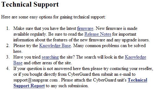 Technical Support The System menu contains an option detailing support information for your CyberGuard SG appliance.