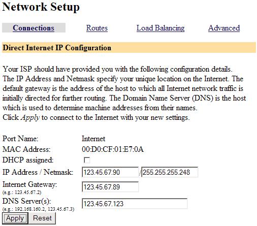 For Manually Assign Settings connections, enter the IP Address, Netmask and optionally the Gateway and the DNS Address if provided by your ISP.