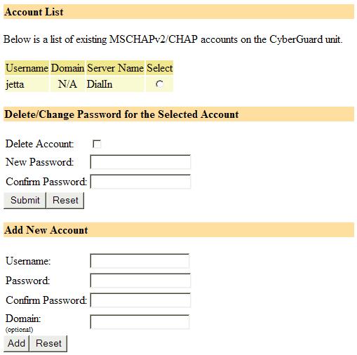 The following figure shows the user maintenance screen: Figure 4-3 Account list As new dialin user accounts are added, they are displayed on the updated Account List.