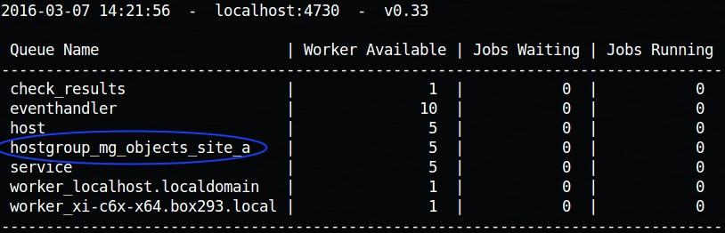 You need to restart the worker service: service mod-gearman2-worker restart Now we need to configure the MG server to use this host group as a queue.