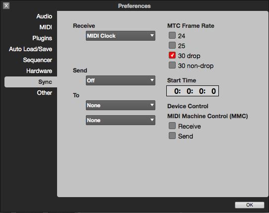 Preferences: Sync Tab Here, you can set various parameters related to the software's synchronization: o Receive: Click this drop-down menu to select whether or not the software receives MIDI Clock or