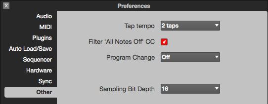 Preferences: Other Tab Here, you can set various other MIDI and audio parameters.
