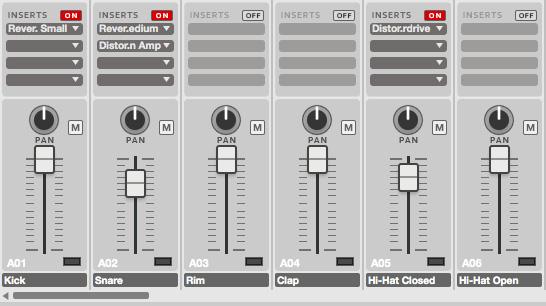 Program Mixer Mode In Program Mixer Mode, you can set the levels, stereo panning, and effects for a Program: For Drum Programs, this mode shows a channel strip for each individual pad (of 128).