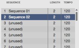 Sequence Playlist The Sequence Playlist window in Next Sequence Mode shows a list-style overview of all used Sequences in your Project: The Sequence column shows the name of the Song's Sequences.