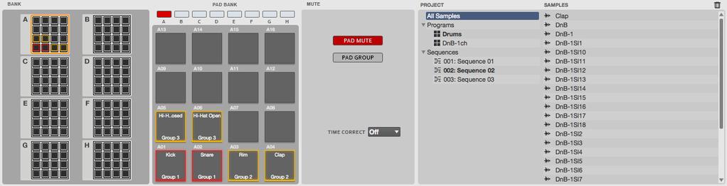 Pad Mute Mode Pad Mute Mode lets you easily mute pads within a Program or set Mute Groups for each pad. In the software, click the Pad Mute tab in the Mode Tab Section.