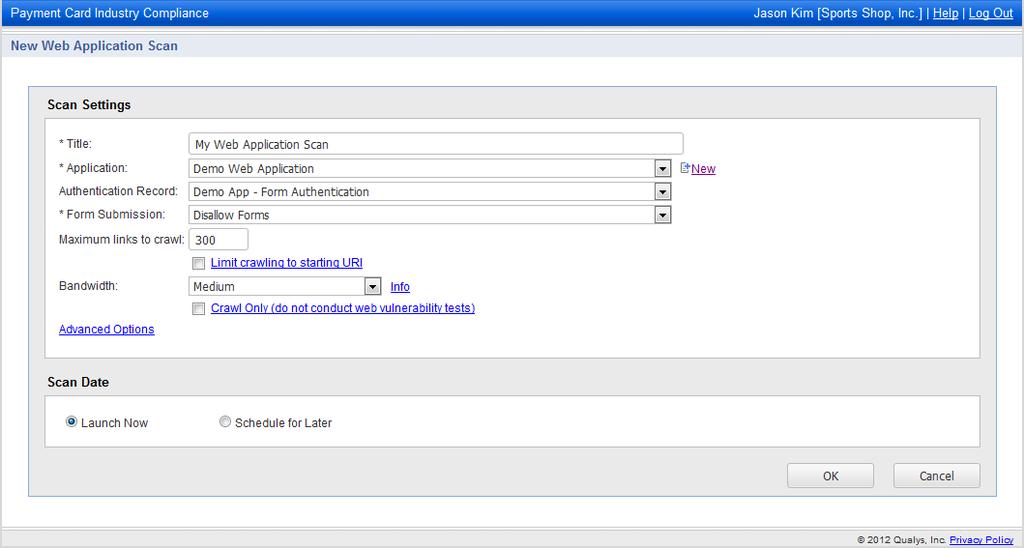 Start a Web Application Scan On the web applications list, click the Scan link next to your web application.