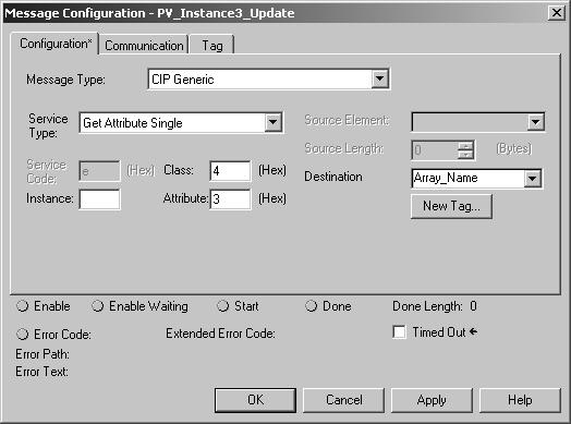 Chapter 9 Communicate with a PanelView Standard Terminal 5. Complete the configuration to get input data. a. From the Service Type pull-down menu, choose Get Attribute Single. b.