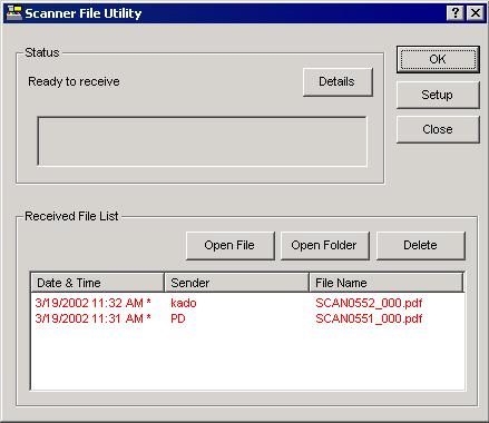 3-2 Scanner File Utility (2) Contents of the Initial Dialogue Box for the Scanner File Utility 5 1 6 2 3 4 7 8 9 1. Status field... Displays the current status of the scanner. 2. OK button.