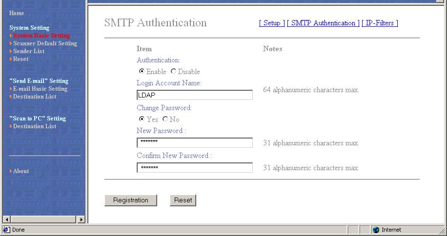 2-6 System Setting 4. Enable Authenticaton. 5. Enter Login Account Name to use for SMTP Authentication. 6.