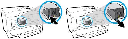 2. Open the cartridge access door. NOTE: Wait until the print carriage stops moving before proceeding. 3. Press the front of the cartridge to release it, and then remove it from the slot. 4.