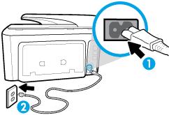 To check the power connection and reset the printer 1. Make sure the power cord is firmly connected to the printer. 1 Power connection to the printer 2 Connection to a power outlet 2.