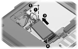 4. Remove the WWAN module (3) by pulling the module away from the slot at an angle.