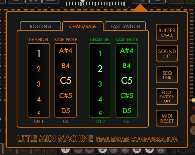 Settings Menu - Chan/Base Tab MIDI Channel Set the MIDI channel to transmit on for each of the two sequencers. Orange of course sets the orange sequencer, green sets green.