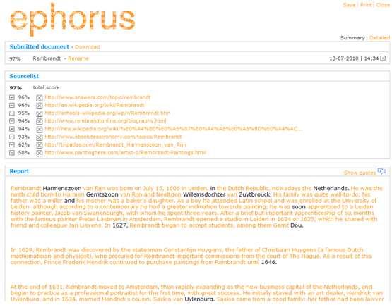 4. REPORTS The Ephorus report shows you the results of the plagiarism scan. To open a report, simply click on the title of a document in My Documents. This opens the summary report.