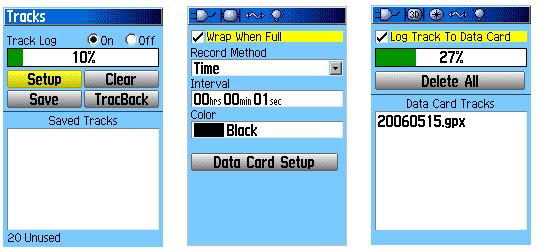 2.4 Track Log Setup These steps make sure that the Garmin etrex is recording track logs with a sample rate once per second and recording the track logs to the data card.