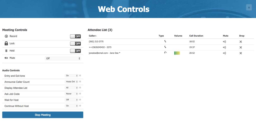 27 Section 3.11: Live Meetings Management Once a meeting has begun, you can manage it using the built-in web controls from the Meeting Wall.
